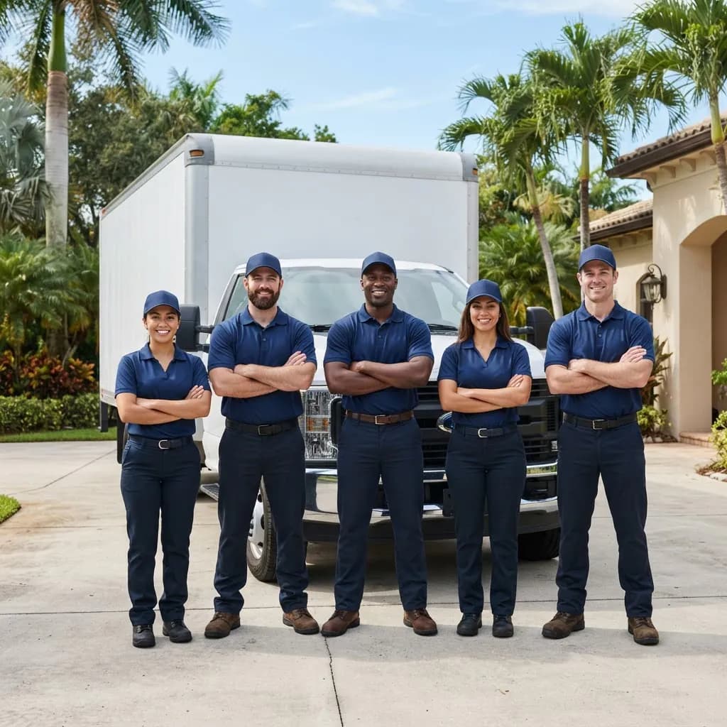 Five restoration technicians in navy uniforms standing in front of a white box truck