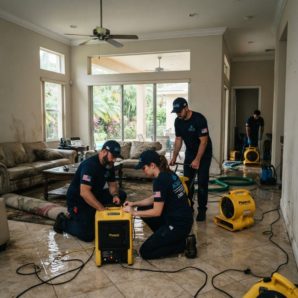DryRush technicians setting up professional drying equipment in a flooded home