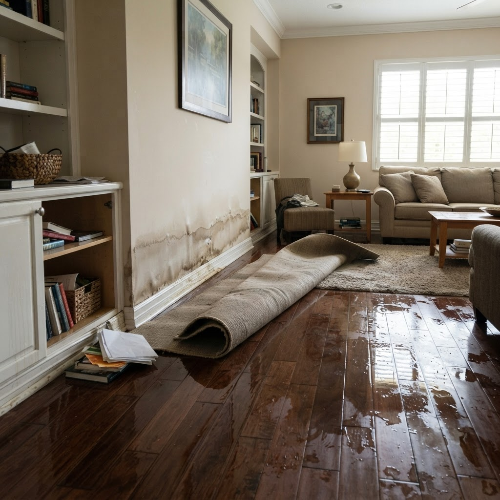 Illustration of a room before water damage restoration